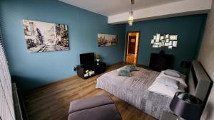 伊沃尼奇-兹德鲁伊Jedynka Apartments的一间卧室设有一张床和蓝色的墙壁