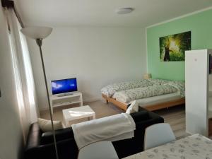 Balerna加比沃尔夫豪斯民宿的小房间设有床和沙发