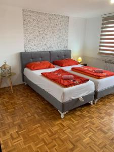 Dubrave GornjeGuest House Husejn的卧室内的两张床,配有红色枕头