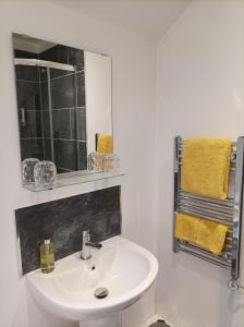 利物浦Victorian Renovation Room 8的浴室配有盥洗盆、镜子和毛巾