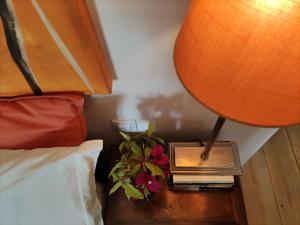 米尔芳提斯城Stressfree Suite的床头灯和植物的床头柜
