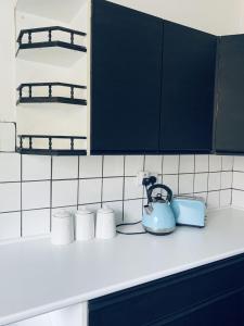 斯旺西F1 16 Glanmor Cres的厨房柜台配有茶壶和杯子