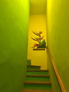 博卡奇卡Boca Paraiso的墙上有绿色的墙壁和植物的楼梯