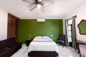 特基拉Habitación privada en el centro de Tequila的绿色卧室配有床和沙发