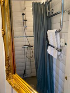 博里霍尔姆Villa Sol Bed & Breakfast的浴室配有淋浴帘和镜子