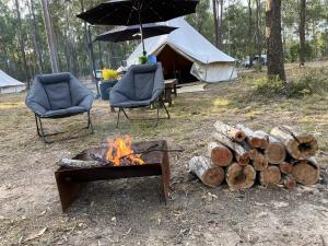 ChildersChilders Nature Camp的一个带火炉、两把椅子和一把伞的帐篷
