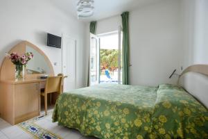 普莱伊亚诺皮诺酒店的一间卧室配有一张床、一张书桌和一个窗户。