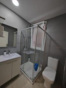 马德里Apartamento Manuel Becerra的带淋浴、卫生间和盥洗盆的浴室