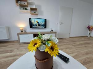 布拉索夫Apartment Altipiani Panoramic Silver的客厅里一张桌子上的花瓶