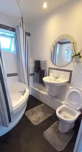 弗里姆利Peaceful 4 bedroom house with free parking的一间带水槽、卫生间和镜子的浴室