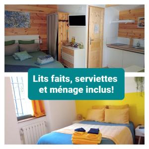 欧布纳Chalet "Le Petit olivier" gîtes appart 'hôtel L'ÉCHAPPÉE BELLE D'AUBENAS Logement 2 sur 3的小房间设有床和厨房