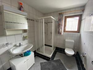 散特Ferienhof PUA的带淋浴、盥洗盆和卫生间的浴室