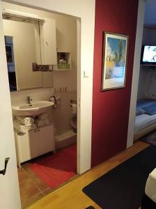 温德哈根Hotel/Restaurant Adria的一间带水槽和卫生间的浴室以及红色的墙壁。