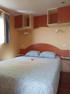 马佐Casitas Mobil Home的一间卧室配有一张大床和木制床头板