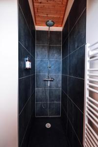 雷克霍特Blue View Cabin 1B With private hot tub的浴室设有黑色瓷砖淋浴。