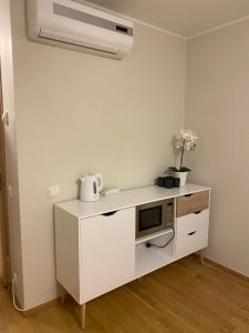 派尔努Lovely Aisa studio in Pärnu的一间白色的厨房,厨房在柜台上配有微波炉