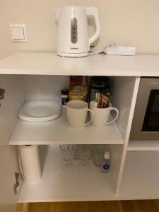 派尔努Lovely Aisa studio in Pärnu的咖啡壶和厨房架上的杯子