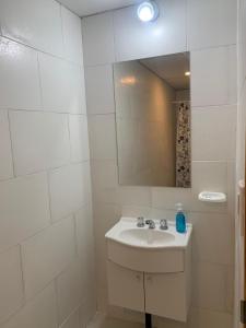 马拉圭La Tranquera Apartamentos的白色的浴室设有水槽和镜子