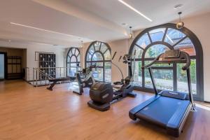 夏蒙尼-勃朗峰Modern 2BR 5* pool gym spa garage Mont-Blanc view的健身房设有数台跑步机和椭圆机