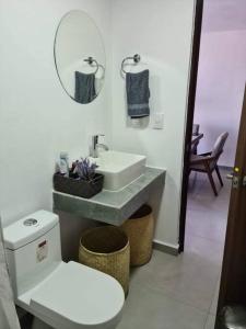 瓜达拉哈拉Departamento en el corazón de Guadalajara的一间带水槽、卫生间和镜子的浴室