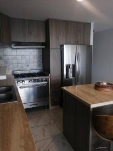 墨西哥城Apartamento cerca de Centro CitiBanamex的厨房配有不锈钢冰箱和台面