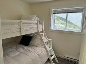 大白山Bearcub Chalet的一间卧室配有双层床和窗户。