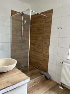 爱尔福特Gästehaus die Erfurter的带淋浴和盥洗盆的浴室