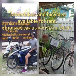 班武里府ThaiMex Cafe & Homestay Backpackers- Adults Only的一个人坐在一辆摩托车上,骑着自行车