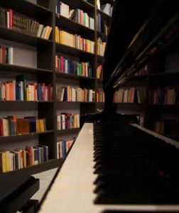 SívasO Mikros Kosmos Hotel Resort - Adults Only的图书馆里的钢琴,藏书
