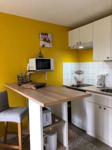 MontmorotLes Salines的厨房设有黄色的墙壁和带微波炉的柜台。