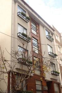 伊斯坦布尔伊斯坦布尔联排别墅的一座有窗户的建筑,前面有一棵树