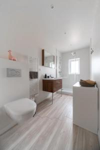 维希Résidence Epinat - Appartements centre & parking的一间带卫生间和水槽的浴室以及一张书桌。
