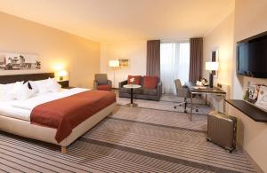 汉诺威汉诺威机场莱昂纳多酒店的酒店客房配有一张床、一张书桌和一台电视。