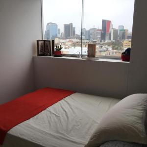 利马Precioso cuarto dentro de un apartamento centrico的美景窗户客房的一张床位