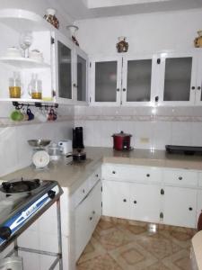 佩诺诺梅Hostal familiar Villa Nome的厨房配有白色橱柜和台面