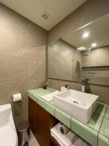 奥尔沃克斯岛D201 Ocean View New 2 Bedroom Apartment - Punta Cocos的一间带水槽、卫生间和镜子的浴室