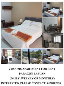 拉布安Labuan Paragon Apartment - 3 rooms的一张带床的卧室照片拼贴