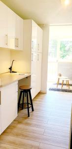 伊索拉Isola 2000 pied des pistes-wifi的厨房铺有木地板,配有白色橱柜。