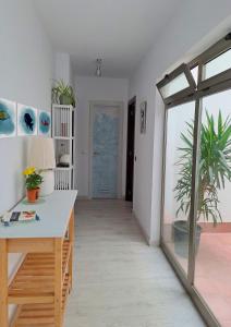 大加那利岛拉斯帕尔马斯La Casa de Koko的一间设有书桌的房间和一扇种植植物的门