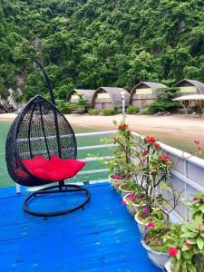 Xuan DamBee lucky homestay cat ba Island的坐在种植了盆栽植物的阳台的椅子