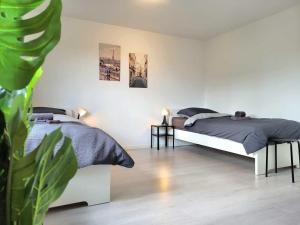 GedernCozy & Modern 4 Room Flat near Hanau的一间带两张床的卧室和植物