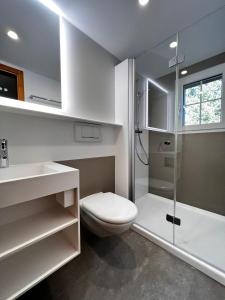 阿罗萨Hotel Arlenwald的白色的浴室设有卫生间和淋浴。