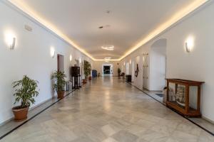 马贝拉马贝拉少年旅馆的建筑里空荡荡的走廊,有盆栽植物