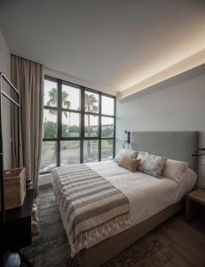 梅里达Apartamentos Rosa Velázquez的一间卧室设有一张大床和大窗户