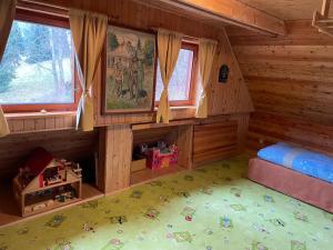大卡尔洛维采Horská chalupa Pluskovjanka的小木屋的卧室,配有床和窗户