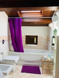 莫迪卡Il Casale di Luisa的带浴缸和紫色浴帘的浴室