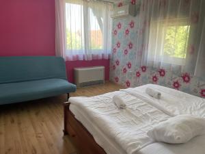 伊纳尔奇Bagolyvár Inárcs的一间卧室配有一张床、一张沙发和窗户。