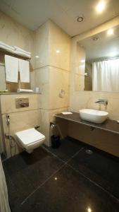 阿格拉Hotel Crimson Palace的一间带水槽、卫生间和镜子的浴室