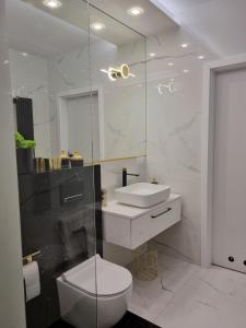 萨诺克Apartament Wyspiański的白色的浴室设有卫生间和水槽。