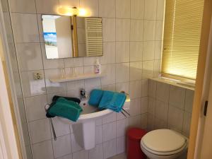 滨海贝亨Pension Canberra的一间带水槽、卫生间和镜子的浴室